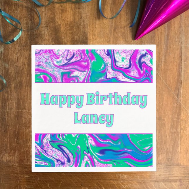 Servilleta De Papel Partido de cumpleaños del Personalizado Guay Verde (Personalize this Happy Birthday vibrant teal purple cool swirl napkin. Good vibes girls birthday.
)