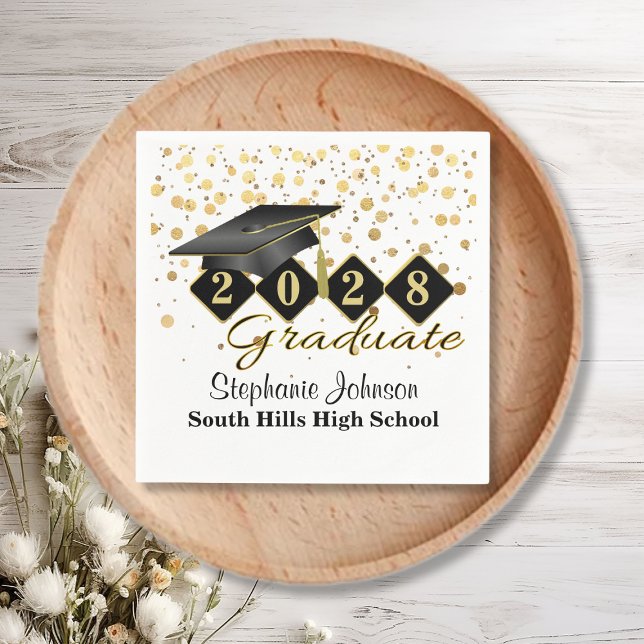 Servilleta De Papel Partido de Graduación Personalizada Negro y Oro (Personalized Graduation Party Black & Gold Napkins)