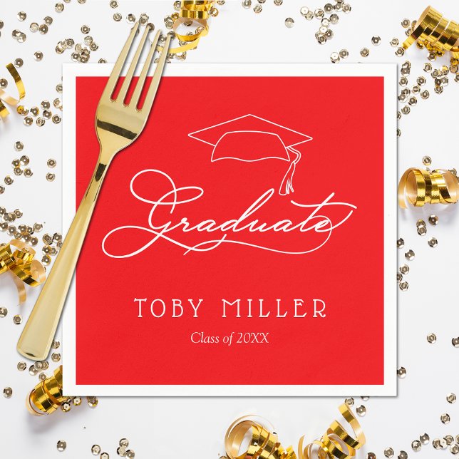 Servilleta De Papel Partido de Graduación Roja (White script grad cap on red personalized graduation party napkins, paper plates in our store)