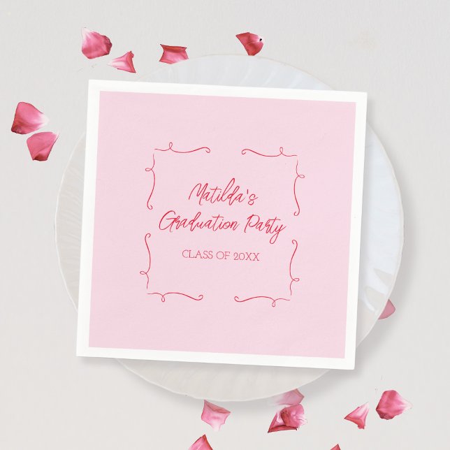 Servilleta De Papel Partido de Graduación Rosa y Roja con Doodle dibuj (Hand Drawn Doodle Pink & Red Graduation Party Napkins)