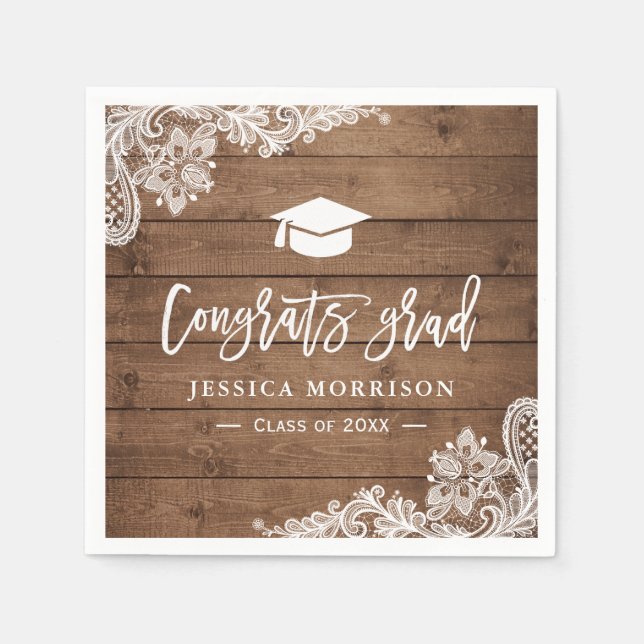 Servilleta De Papel Partido de Graduación Rustic Wood Lace Congrats (Anverso)
