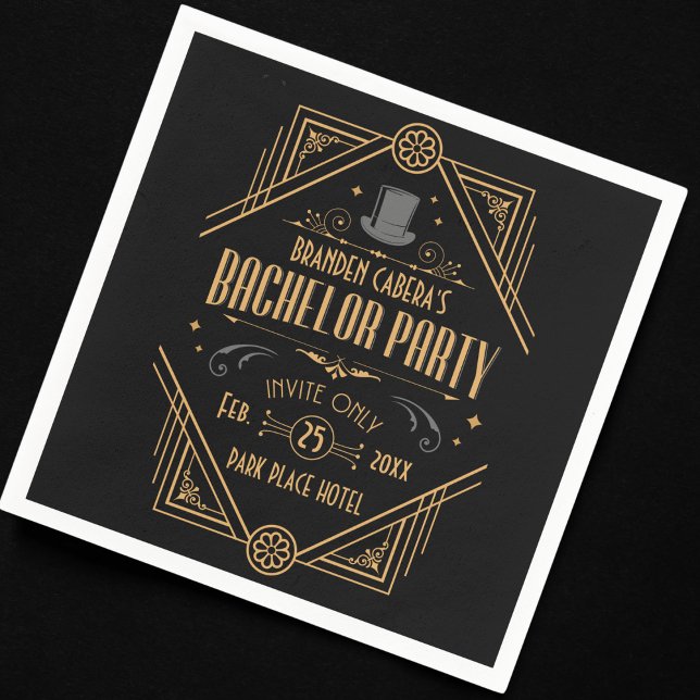 Servilleta De Papel Partido de licenciatura Art Déco habla a favor (bachelor party paper napkin Art Deco speakeasy 1920s theme gold and black groomsmen best man gift)