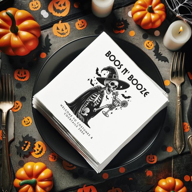 Servilleta De Papel Partido Halloween del Skeleton Blanco y Negro (Black and White Skeleton Halloween Party Napkins)