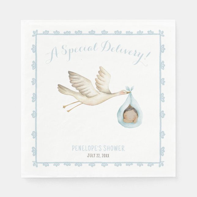 Servilleta De Papel Parto especial Stork Blue Baby Boy Baby Shower (Anverso)