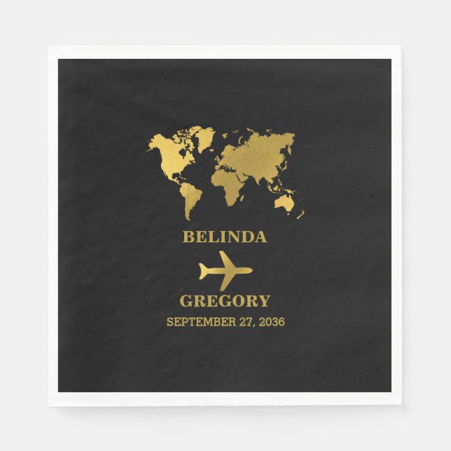 Servilleta De Papel Pasaporte de Boda de Destino Negro Oro (Anverso)