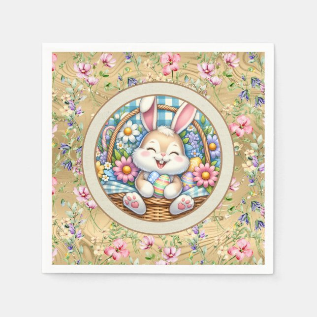 Servilleta De Papel Pascua feliz con conejo, huevos y flores (Anverso)