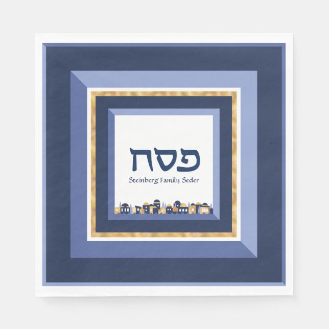 Servilleta De Papel Passover Seder Jerusalem Blue Gold Hebrew (Anverso)