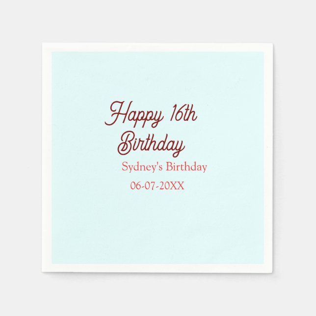Servilleta De Papel Pastel blue red happy 16th birthday name date eleg (Anverso)
