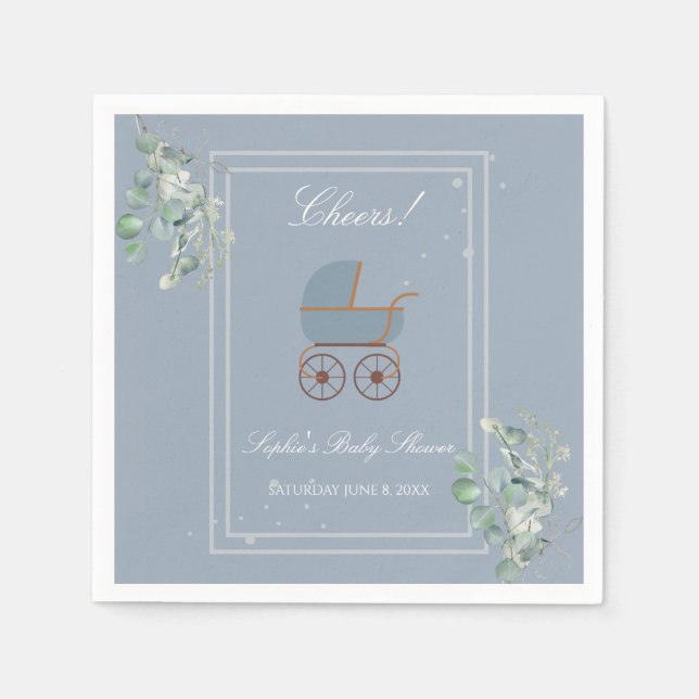 Servilleta De Papel Pastel Blue Stripes Baby Carriage Baby Shower (Anverso)