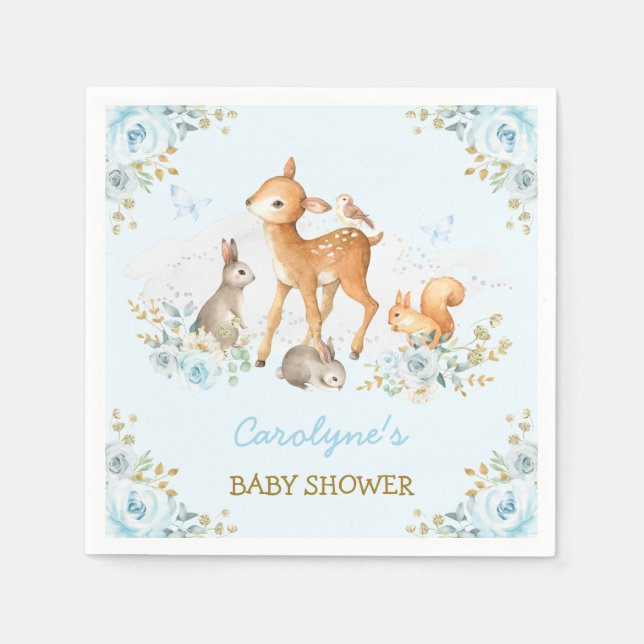 Servilleta De Papel Pastel Blue Woodland Forest Animals Floral Shower (Anverso)