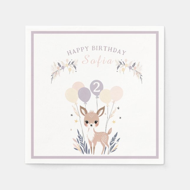 Servilleta De Papel Pastel Boho Fawn y los globos Cumpleaños (Anverso)