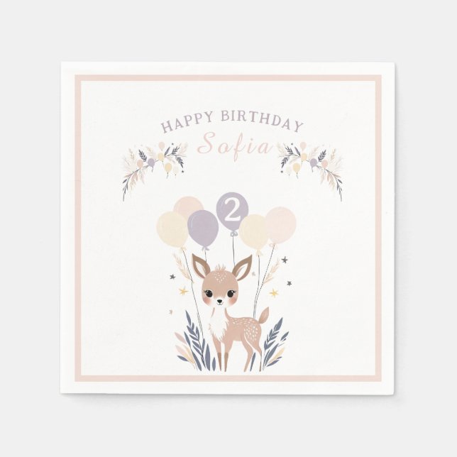 Servilleta De Papel Pastel Boho Fawn y los globos Cumpleaños (Anverso)