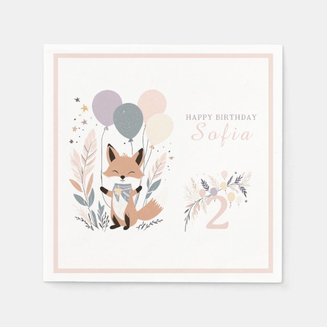 Servilleta De Papel Pastel Boho Fox y Balloons Cumpleaños (Anverso)