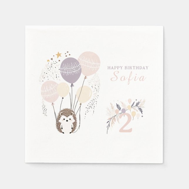 Servilleta De Papel Pastel Boho Hedgehog y Globos Cumpleaños (Anverso)