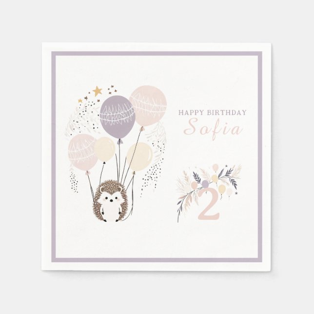 Servilleta De Papel Pastel Boho Hedgehog y Globos Cumpleaños (Anverso)