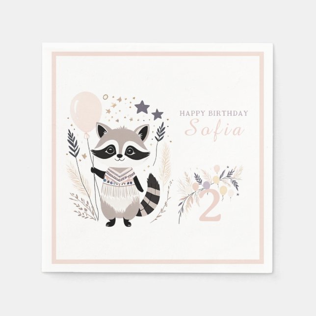 Servilleta De Papel Pastel Boho Raccoon y Globos Cumpleaños (Anverso)