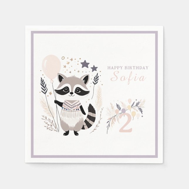 Servilleta De Papel Pastel Boho Raccoon y Globos Cumpleaños (Anverso)