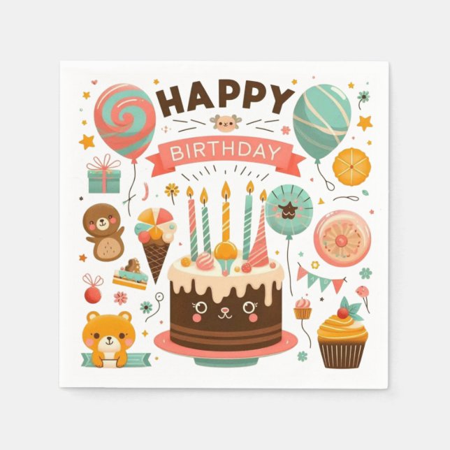 Servilleta De Papel Pastel de Cumpleaños Adorable y Oso (Anverso)