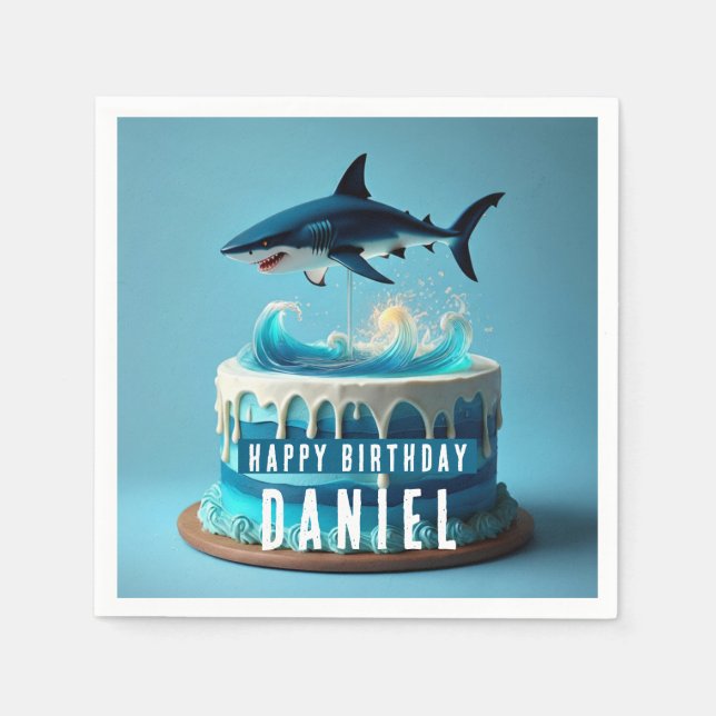 Servilleta De Papel Pastel de cumpleaños con tema de tiburón (Anverso)