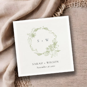 Servilleta De Papel Pastel Dusky Green Floral Wreath Boda Monograma