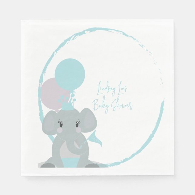 Servilleta De Papel Pastel Elefante Niña Bebé Script Baby Shower    (Anverso)
