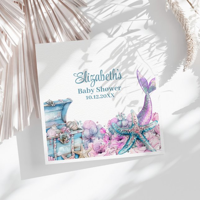 Servilleta De Papel Pastel Floral Mermaid Tail Baby Shower (Pastel Floral Mermaid Tail Baby Shower Napkins on a sunny table with white dry flowers.)