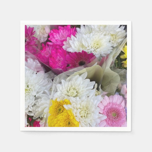 Servilleta De Papel Pastel Floral Rosa, Crisantemo Amarillo y Blanco (Anverso)