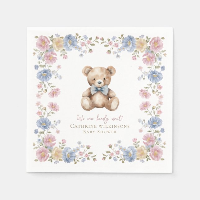 Servilleta De Papel Pastel Floral Teddy Bear Baby Shower Napkins (Anverso)