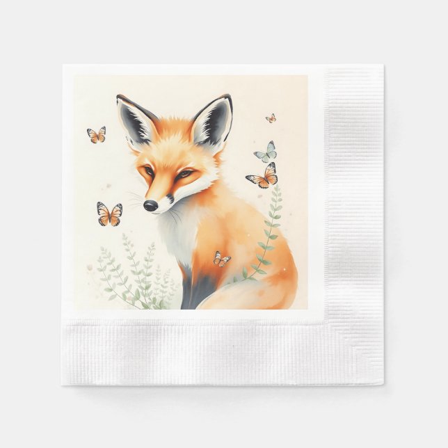 Servilleta De Papel Pastel Fox con helechos y mariposas (Anverso)