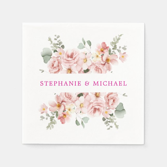 Servilleta De Papel Pastel Rubor Rosa Boda Botánico Floral (Anverso)
