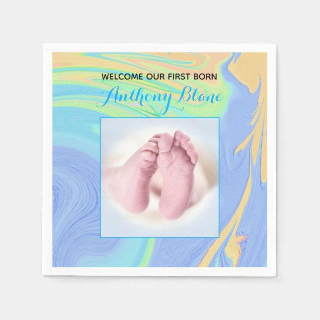 Servilleta De Papel Pasteles y azul "Sip and See" con foto (Anverso)