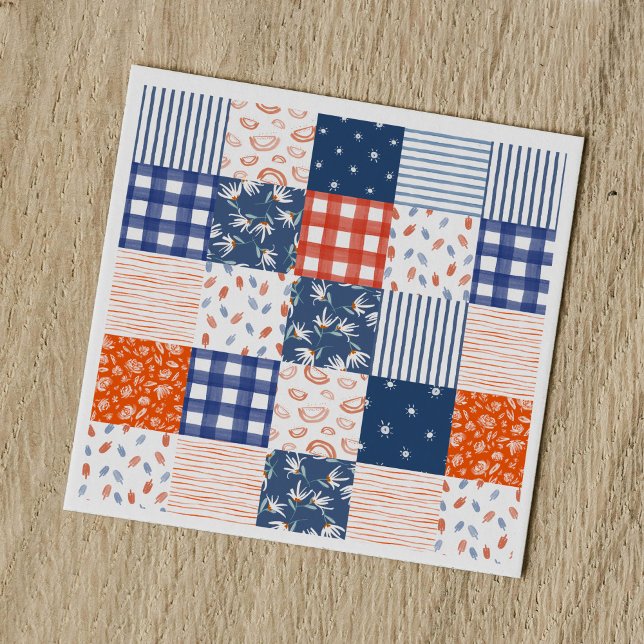 Servilleta De Papel Patchwork 4 de julio Azul Blanco Rojo (Red, white, and blue patchwork Fourth of July party paper napkins.)