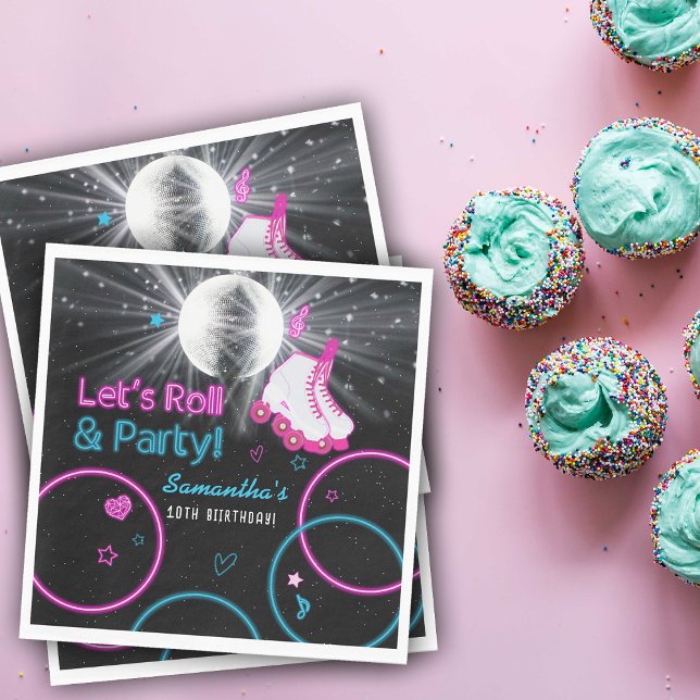 Servilleta De Papel Patinaje sobre ruedas Neon Glow Roller (Neon Glow Roller Skating Let's Roll Birthday Party Napkins)