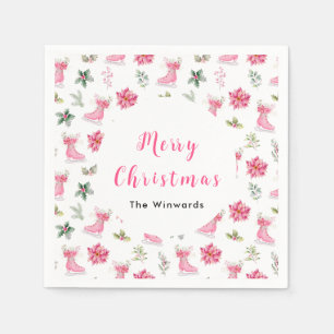 Servilleta De Papel Patines de hielo florales de Navidad rosa Feliz Na