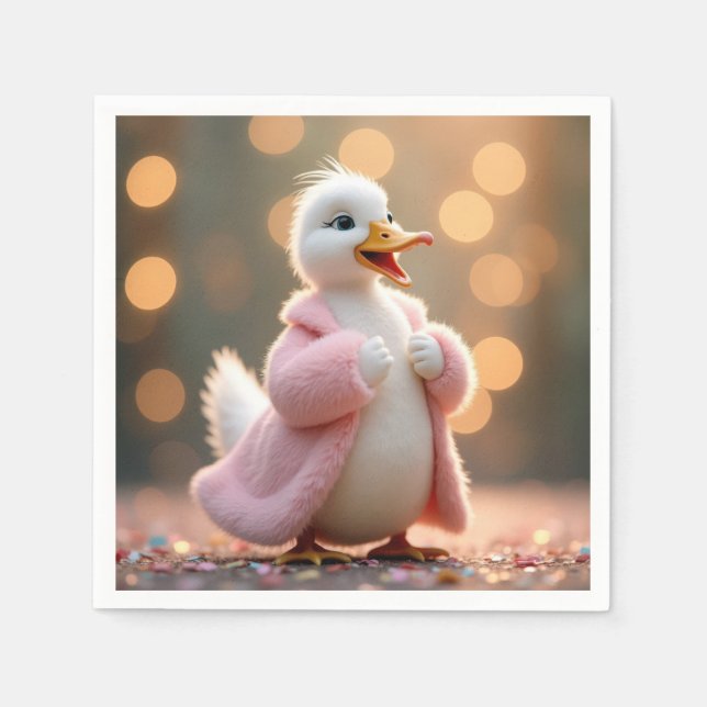 Servilleta De Papel Pato Blanco En Abrigo De Pelaje Rosa (Anverso)
