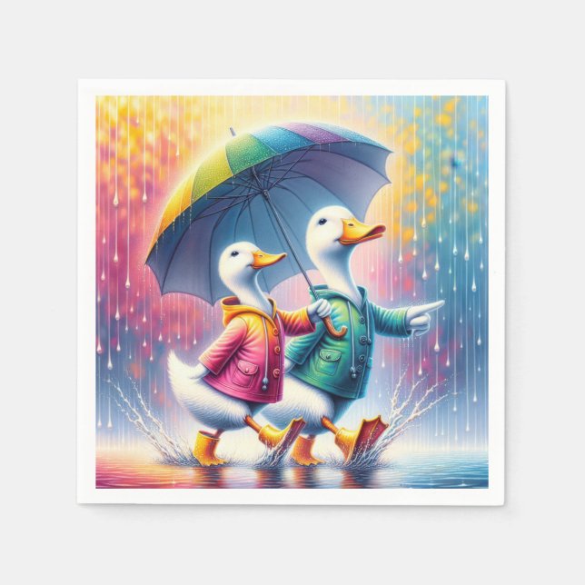 Servilleta De Papel Patos Blancos Caminando En Lluvia (Anverso)