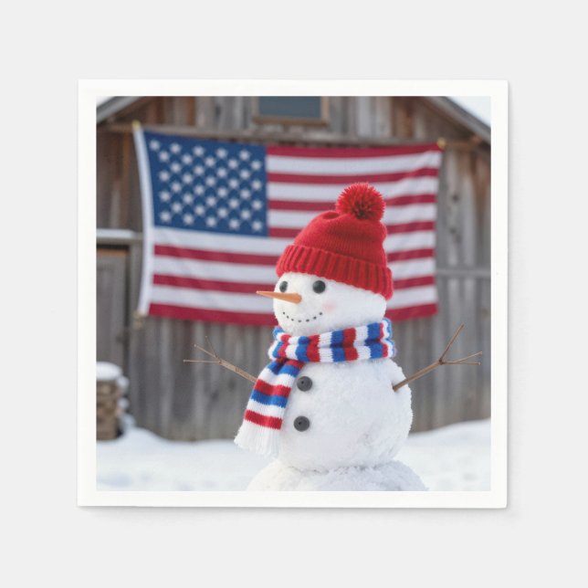 Servilleta De Papel Patriotic Snowman With American Flag (Anverso)