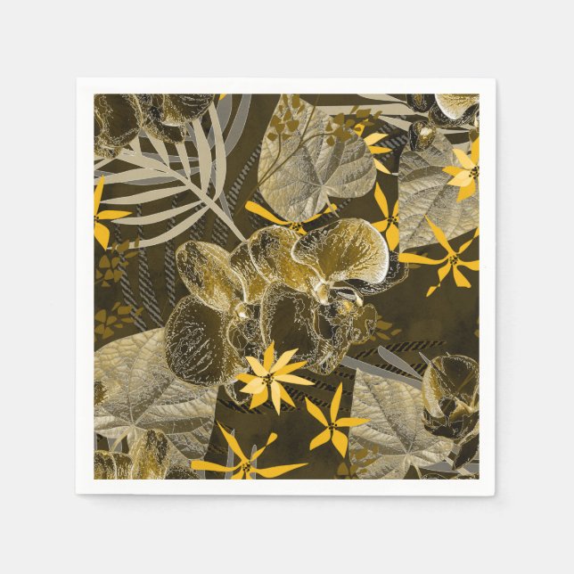 Servilleta De Papel Patrón acuarela amarillo-marrón floral. (Anverso)