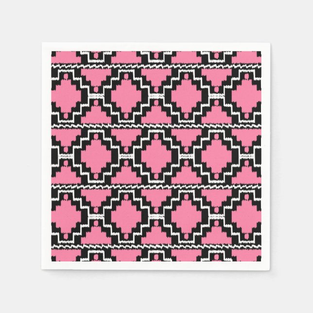 Servilleta De Papel Patrón Azteca Ikat - Rosa Fuchsia, Negro y Blanco (Anverso)