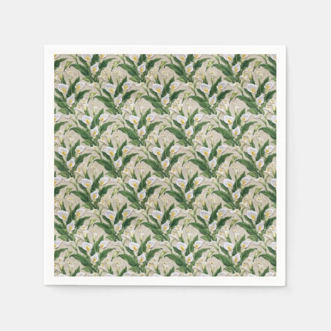 Servilleta De Papel Patrón Botánico Bordado de Lirio de Calla Blanco (Anverso)