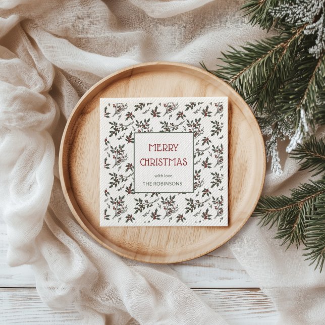 Servilleta De Papel Patrón Botánico de Berries para los Navidades de H (Merry Christmas Holly Plant Berries Napkin Mock up
)