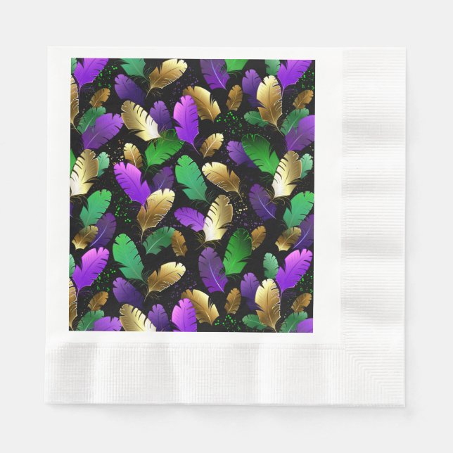 Servilleta De Papel Patrón continuo con plumas de Mardi Gras (Anverso)