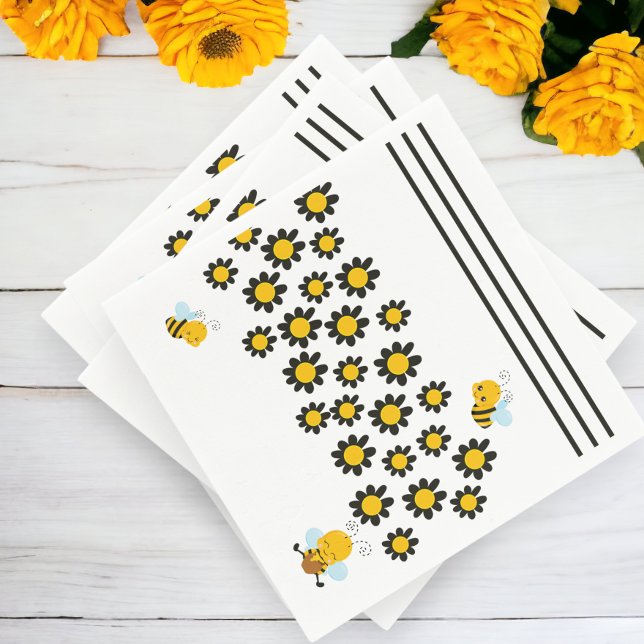 Servilleta De Papel Patrón de abeja de flor negro amarillo (Yellow Black Flower Bee Pattern Napkins from Ricaso)