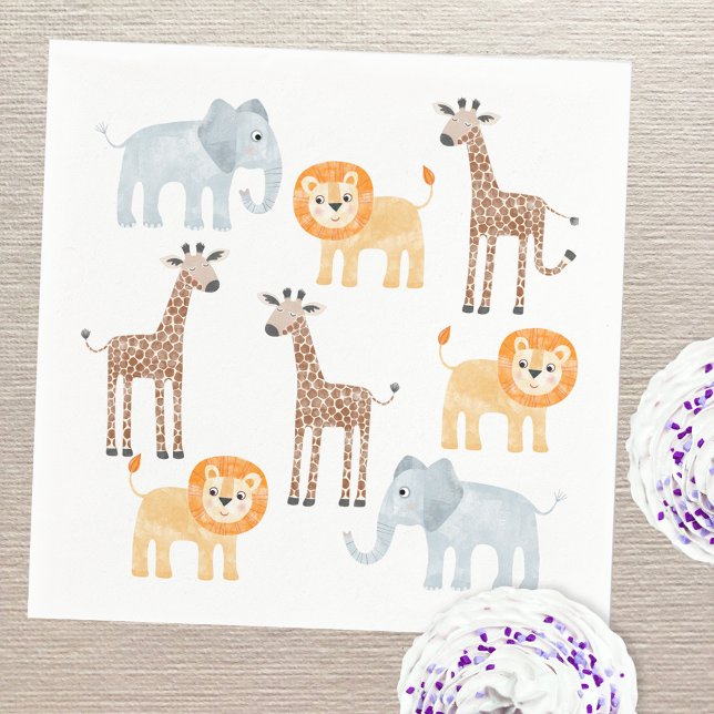 Servilleta De Papel Patrón de acuarela de animales de safari lindo (Fun safari animal baby elephant giraffe and lion watercolor party paper napkins)