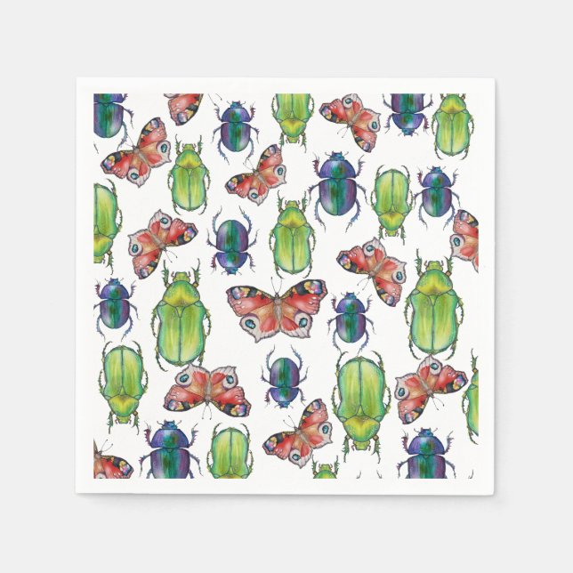 Servilleta De Papel Patrón de acuarela de escarabajos y mariposas (Anverso)
