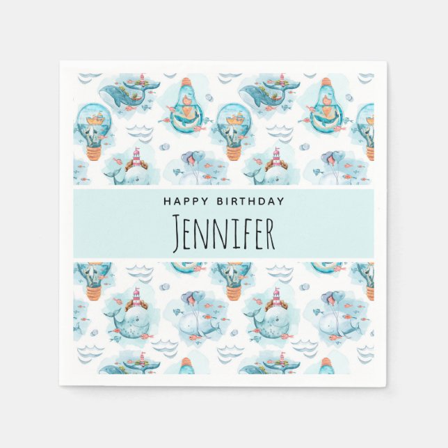 Servilleta De Papel Patrón de acuarela de las ballenas náuticas (Anverso)