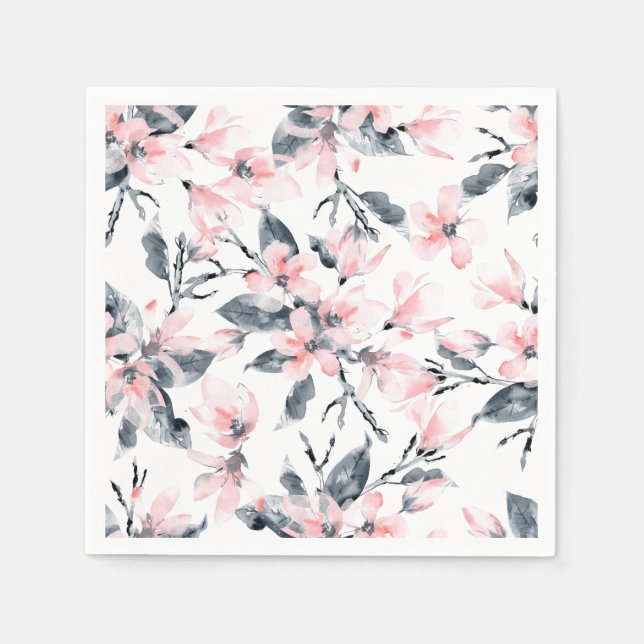 Servilleta De Papel Patrón de acuarela floral rosa y gris (Anverso)