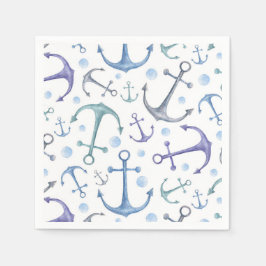 Servilleta De Papel Patrón de anclajes azul acuarela. Playa náutica