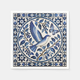 Servilleta De Papel Patrón de azulejo azul de pájaro y mariposa sin co
