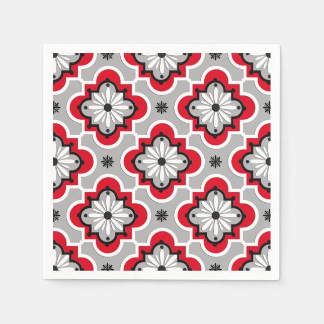 Servilleta De Papel Patrón de baldosas marroquí - Gris y rojo (Anverso)